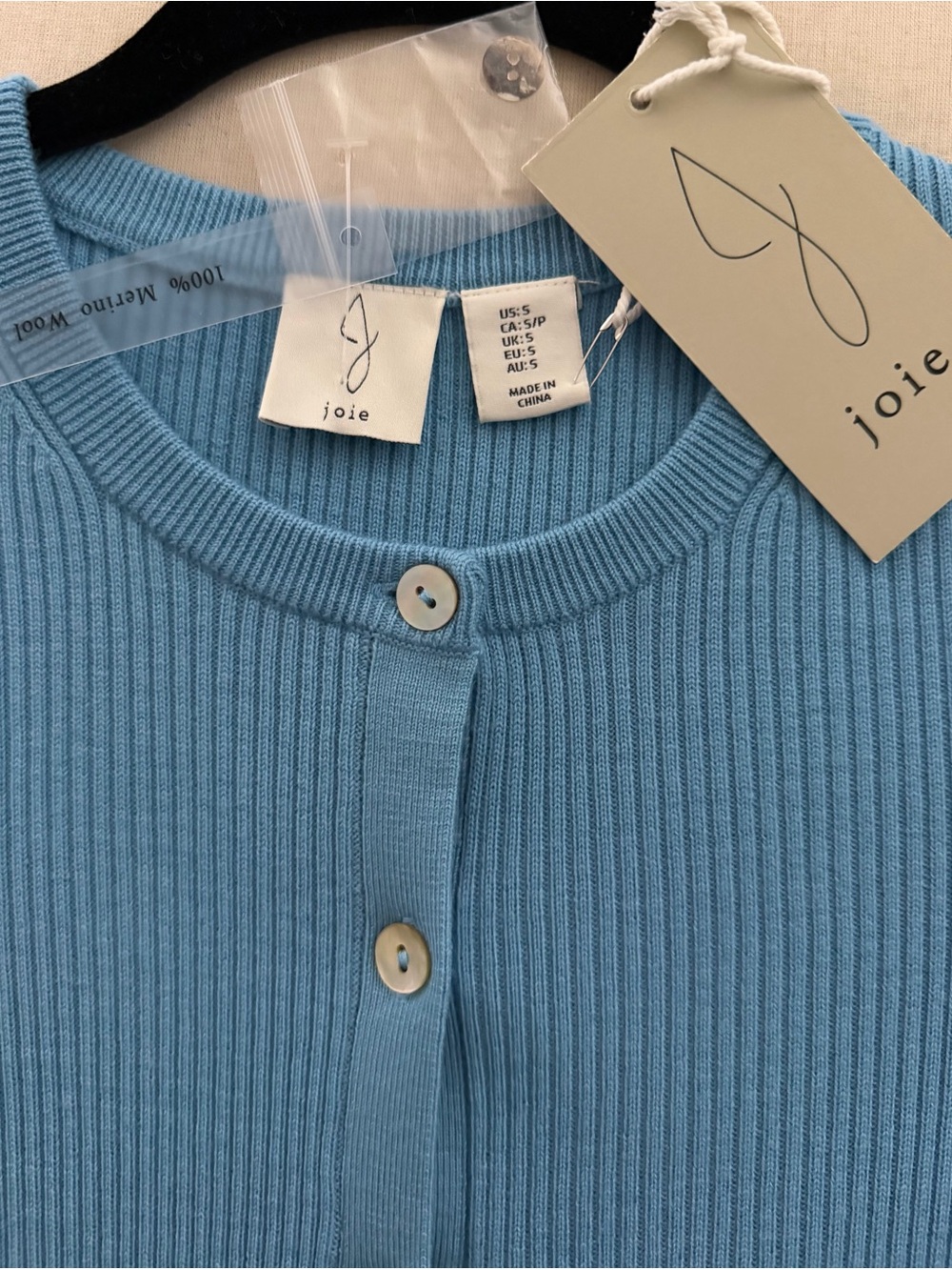 JOIE SKY BLUE RIBBED MERINO WOOL CARDIGAN SIZE S- TAGS ON NEW - Picture 2 of 9